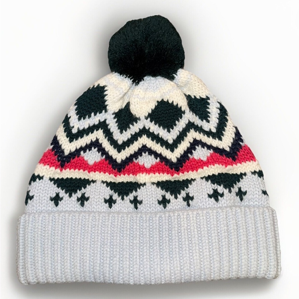 TORY BURCH Wintery Fair Isle Hat Merino Wool Pom Pom Beanie Blue Green Pink OS